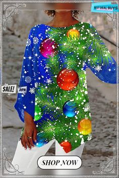 Flash Big Feather Digital Printing Women's Polyester Fiber Long-sleeved Neck Top T-shirt Multicolor Long Sleeve Christmas Tops, Multicolor Printed Christmas Tops, Multicolor Printed Tops For Holiday, Multicolor Printed Holiday Tops, Multicolor Tops For Fall Holiday, Multicolor Tops For Holiday In Fall, Multicolor Tops For Holiday Fall Season, Winter Blue Printed Tops, Multicolor Graphic Print Holiday Tops