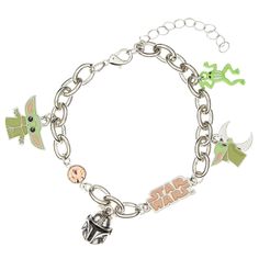 PRICES MAY VARY. This Baby Yoda Bracelet Is Officially Licensed Disney Merchandise This bracelet features 4 charms, 2 of Baby Yoda, 1 of The Mandolorian's helmet, and 1 of Grogu's favorite snacks, the one-eyed frog! Features a lobster clasp closure to keep it securely in place on the wrist Made of a sturdy zinc metal alloy Perfect gift for any fan of the Mandalorian and Baby Yoda This Is an officially licensed Star Wars Baby Yoda bracelet! The Mandalorian is the hit series brought to us by Disne Baby Yoda Jewelry, Frog Bracelet, The Mandalorian Grogu, Mandalorian Grogu, Star Wars Baby, The Mandalorian, Bounty Hunter, Disney Merchandise, Metal Stamping