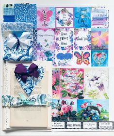 a collage of cards with different designs and colors, including blue, pink, green, purple, and white