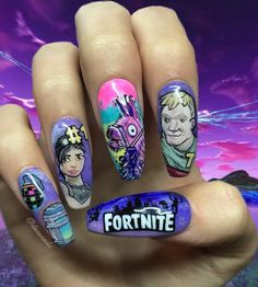 Nail art for FORTNITE OBSESSED Fortnite Nails, Opal Nails, Glitter Nails Acrylic, Bunny Nails, Red Acrylic Nails, Nail Blue, Grunge Nails, Colored Acrylic Nails, Crazy Nails