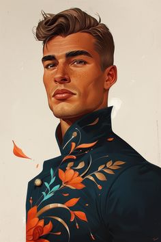 a painting of a man wearing a blue shirt with orange flowers on the collar and chest