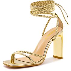 Gold Strapped Heels, Elegant Lace-up Sandals With Block Heel For Evening, Glamorous Lace-up Heels With Heel Strap, Party High Heel Lace-up Sandals With Heel Strap, Glamorous High Heel Lace-up Sandals For Summer, Gold Heels With Heel Strap For Party Season, Gold Heels With Wrapped Heel For Parties, Party Lace-up Sandals With 4-inch Heel, Gold Lace-up Sandals With Wrapped Heel For Evening