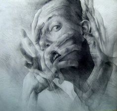 a pencil drawing of a man holding his hands up to his face with both hands