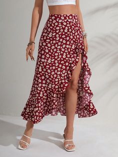 Maroon Boho Collar  Woven Fabric Floral,All Over Print Slit Embellished Non-Stretch  Women Clothing Midi Skirts Summer, Ruffle Hem Skirt, Mode Kimono, Trendy Prints, Floral Print Skirt, Vestidos Vintage, Hem Skirt, Print Skirt, Black Ruffle