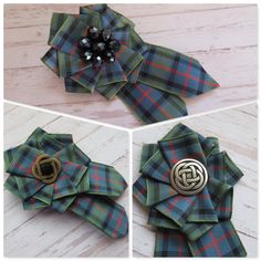 This is a new addition to my tartan accessories range. This cute little tartan brooch pin is ready made. It is great for a touch of tartan to an outfit or hat or onto a wedding dress or costume, or simply as a gift. Made with a small circle of blue felt with a small brooch pin attached and a handmade and sewn ruffle of Flower of Scotland tartan ribbon with wide ribbon shaped trails and finished with a choice of a cluster of navy crystals, silver or Brass Celtic button or a teal/ aqua crystal or Lindsay Tartan, Mackenzie Tartan, Tartan Wedding, Plaid Accessories, Tartan Accessories, Black Lace Fabric, Feather Brooch, Button Holes Wedding