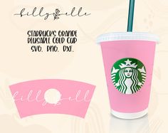 a pink starbucks cup with a green straw in it and the words hello fall above it