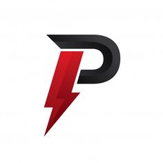 the letter p with a lightning bolt on it's side, in black and red