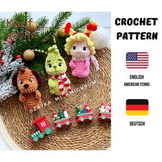 crochet pattern for christmas ornaments including teddy bears, train, and tree branches