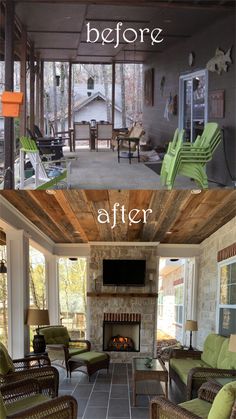 before and after photos of a screened porch with chairs, couches, fireplace and television