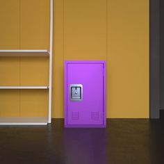 a purple locker sitting in front of a yellow wall next to a book shelf and shelving unit