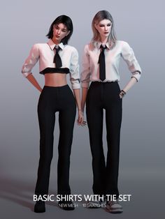 two women in black pants and white shirt standing next to each other with their hands on their hips