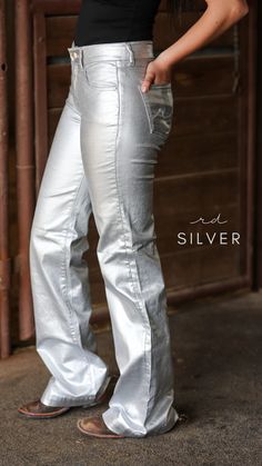 SILVER METALLIC SIGNATURE TROUSER DENIM – Ranch Dress'n Western Boutique Ranch Dress'n Western Boutique, Silver Trouser Jeans, Rodeo Clothes, Bra Essentials, Ranch Dress, Women's Western Wear, Western Boutique, Rodeo Shirts, Yellow Tees