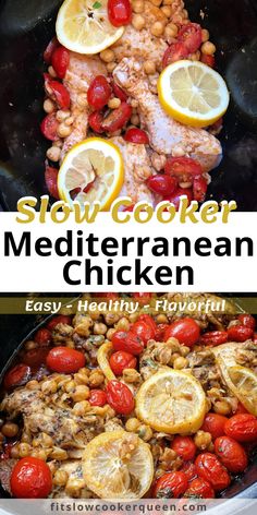 slow cooker mediterranean chicken with lemons, tomatoes and chickpeas in a skillet