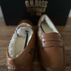 The G.H. Bass Originals Dylan Shearling Lined Driver/Loafers Are New Shoes In U.S. Size 6.5. These Do Run Small. Crafted With Tan Leather, These Loafers Feature Shearling Lining For Added Comfort And Style. G.H. Bass Is An American Footwear Brand With A Rich Heritage, Known For Its Classic And Quality-Crafted Shoes. Established In 1876, It Has A Long History Of Producing Iconic Styles, Including The Popular Bass Weejun Penny Loafer. The Brand Is Recognized For Its Commitment To Quality Materials Classic Leather Winter Loafers, Classic Leather Loafers For Winter, Classic Winter Slip-on Loafers, Classic Round Toe Slippers For Fall, Brown Suede Loafers, Striped Espadrilles, Bass Shoes, Leather Loafer Shoes, Long History