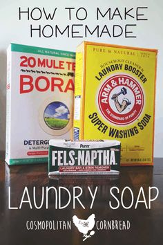 two boxes of soap sitting next to each other on a table with the title how to make homemade laundry soap