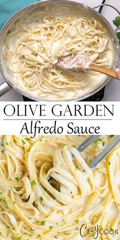 two pictures showing different types of alfredo sauce and how to cook them in the same pan