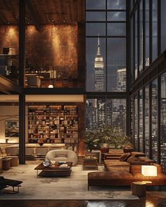 a living room filled with lots of furniture and tall buildings in the background at night