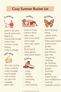 different summer hobby ideas Self Bucket List, Getting Ready List, Things To Do In Summer Aesthetic, How To Have Aesthetic Life, Fun Hobby Ideas, Summer Hobbies Aesthetic, Summer To Do List Aesthetic, Hobbies For Summer, Summer Self Care Ideas