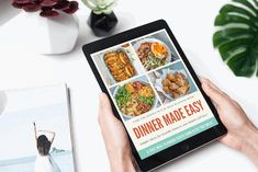 a person is holding an ipad while looking at dinner made easy