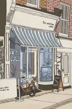 a drawing of a store front with a bicycle parked outside the window and signs on the sidewalk