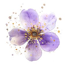 a purple flower with gold flecks on it's petals is shown in this watercolor painting