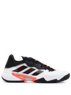 white/black panelled design logo print to the side signature monofilament side-stripe detail front lace-up fastening round toe flat rubber sole Adidas Barricade, Tennis Whites, Adidas Tennis Shoes, Adidas Tennis, Brown Sneakers, E Logo, Black Panels, Adidas Superstar Sneaker, Side Stripe