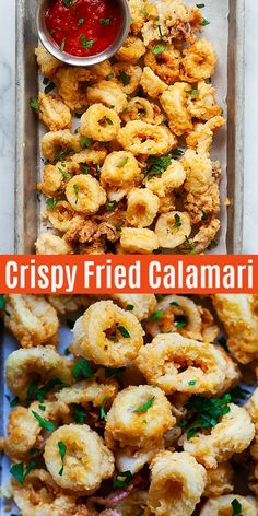 crispy fried calamari is served with ketchup and parsley