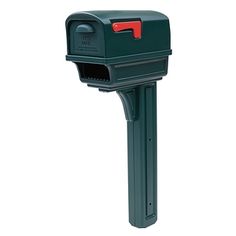 a green mailbox with a red handle