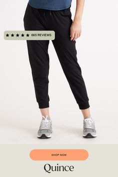 These women's performance joggers feature our ultra-soft Flowknit fabric. Featuring a slim but relaxed fit with the perfect amount of stretch for ultimate comfort. They'll be your new everyday pant.  | Quince | Women's Super Soft Performance Joggers in Black, Flowknit Activewear, Recycled Polyester, Size XL Comfort Stretch Joggers With Elastic Side Panels, Stretch Comfort Waistband Joggers For Jogging, Casual Running Bottoms With Comfort Stretch, Casual Comfort Stretch Running Bottoms, Sporty Joggers With Cuffed Ankles, Comfortable Tapered Leg Sports Joggers, Athleisure Joggers With Comfort Waistband For Running, Comfortable Tapered Leg Joggers For Sports, Moisture-wicking Tapered Leg Joggers For Jogging