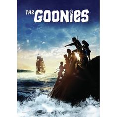 the goonies movie poster with children on rock in water and ship coming up from ocean