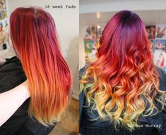 Orange Yellow Hair, Elumen Hair Color, Haircut Ideas For Long Hair, Goldwell Elumen, Ombré Balayage, Haircut For Big Forehead, Curly Long Hair, Hair Stripes