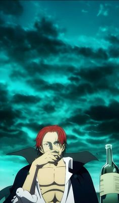 an anime character with red hair sitting in front of a bottle and looking at the camera