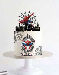 a spiderman cake on a white plate