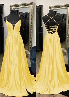 A Line V Neck Spaghetti Straps Sweep Train Charmeuse Prom Dress With Split Yellow A-line Prom Dress, Formal V-neck Dress With Straps, Formal V-neck Dress With Adjustable Straps, V-neck Dress With Adjustable Straps For Prom, V-neck Prom Dress With Delicate Straps, Prom Dress With Delicate Straps And V-neck, Delicate Straps V-neck Prom Dress, Fitted Yellow Dress With Straps, Yellow A-line Lined Dress