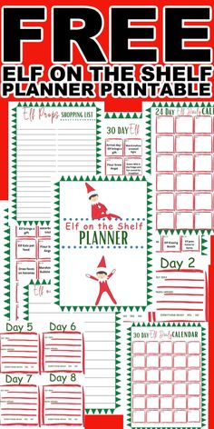 the free elf planner printable is shown in red, green and white with text