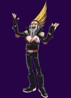 an anime character with blonde hair and black pants, holding his hands in the air