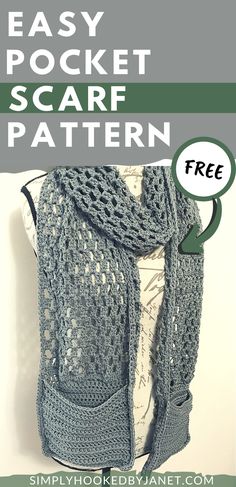 an easy crochet scarf pattern with text overlay that says easy crochet pocket scarf pattern free