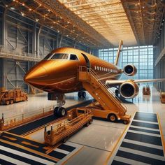 an airplane is parked in a large hangar