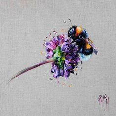 a painting of a bee sitting on top of a purple flower