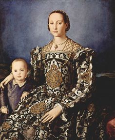 a painting of a woman with a baby in her lap and wearing an ornate dress