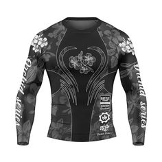 Experience Ultimate Flexibility with Orchid Series Floral Black Heart Men's Long Sleeve Rash Guard Introducing the Orchid Series Floral Black Heart Men's Long Sleeve Rash Guard, a perfect blend of style and functionality. Expertly crafted from a Polyester and Spandex blend, this compression shirt provides a second-skin fit that ensures maximum flexibility and freedom of movement, essential for executing any fighting move or pose with ease. Innovative Fabric Technology Our long sleeve rash guard Black Casual Rash Guard For Surfing, Casual Black Rash Guard For Surfing, Casual Fitted Black Rash Guard, Fitted Graphic Print Tops For Training, Jiu Jitsu Rash Guards, Bjj Rash Guard, The Orchid, Rash Guard Women, Christmas Leggings