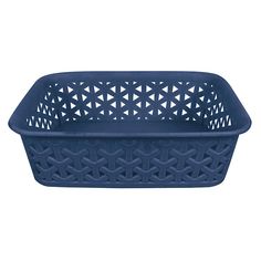 a blue plastic basket with an intricate design