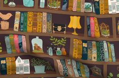 a book shelf filled with lots of books and vases on top of it's shelves