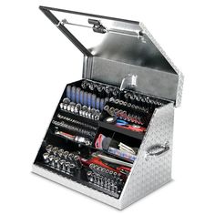 The 26 x 18-in. Aluminum Triangle toolbox allows you to organize more than 141 tools. With the multi-tier design, finding the right tools for the job is a breeze. When closed, the trademarked lid design locks tools in position. This enables you to do more of what you love while staying protected, secured and organized. Montezuma Aluminum Triangle Toolbox 26-in x 18-in Silver - Organize 141+ Tools and Accessories | SE250AL Portable Tool Box, Rolling Tool Box, Workshop Garage, Shop Truck, Montezuma, Tool Boxes, Tool Cabinet, Tool Chest, Box Storage