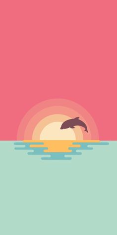 a dolphin jumping out of the water at sunset with an orange and pink sky in the background