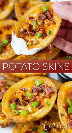 potato skins with bacon, chives, cheese, and sour cream Baked Potato Skins, Crispy Baked Potatoes, Cozy Cook, Comfort Soup Recipes, Classic Appetizers, Side Dishes For Bbq, Cook Recipes, Amazing Appetizers