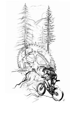 a black and white drawing of a person on a bike in front of some trees