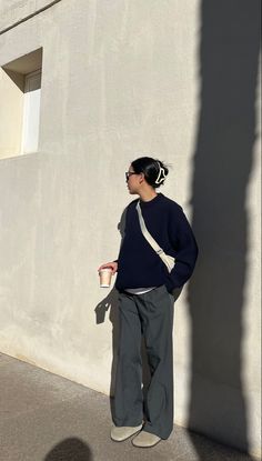 Fall Minimal Outfits, Rectrek Pants Outfit, Simple Outfits Autumn, Grey Trousers Outfit Casual, Uniqlo Inspired Outfits, Navy Birkenstocks Outfit, Uniqlo Sweater Outfit, Uniqlo Airism Oversized Tee Outfit, Uniqlo Aesthetic Outfit