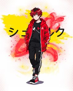 an anime character with red hair and black pants standing in front of a yellow background