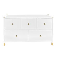 a white dresser with gold handles and drawers on the bottom, in front of a white background